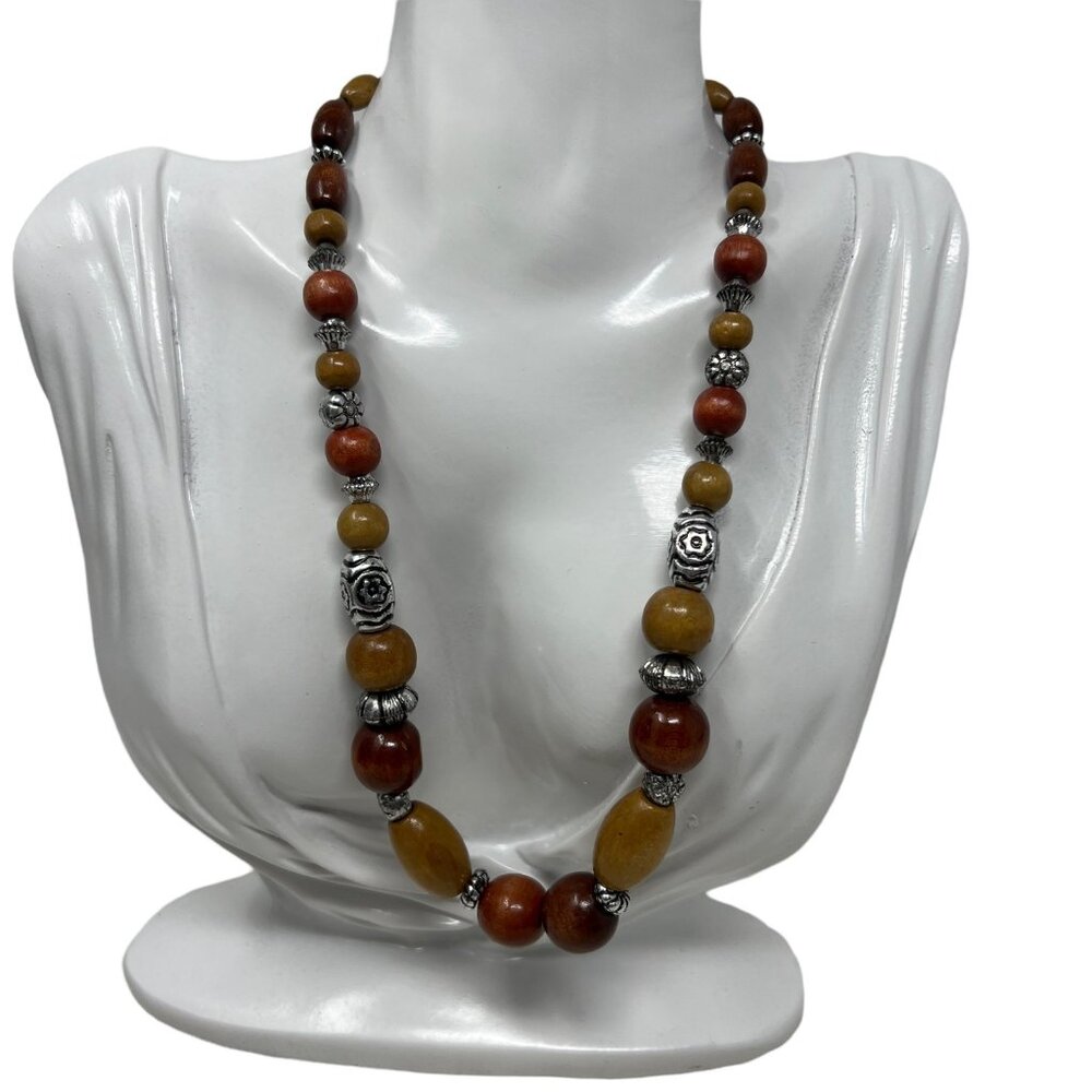 Wood Bead Necklace‎ Two Tone Brown Silver Tone Beads 17 in